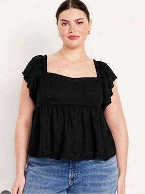 Old Navy Black Smocked Babydoll Top XL Flutter Sleeve Flowy Blouse Boho